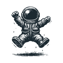 Cute astronaut jumping happily. Black white vector icon and logo illustration.