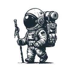 Cute astronaut hiking to the mount. Black white vector icon and logo illustration.