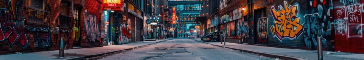 Urban alley at night filled with vibrant graffiti, capturing the essence of street art. Free copy space for banner.