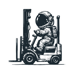 Cute astronaut ride a forklift . Black white vector. Icon and logo illustration.