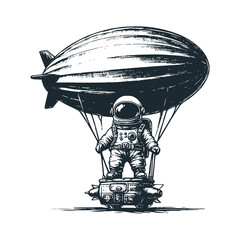 Cute astronaut with zeppelin balloon. Black white vector. Icon and logo illustration. © Maryoto