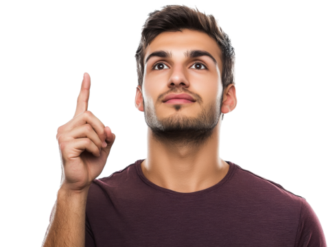 Thoughtful young man pointing up, transparent - Powered by Adobe
