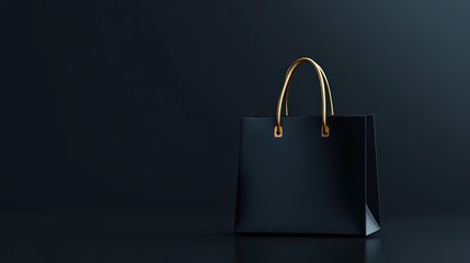 Elegant black shopping bag with gold handles on dark background.
