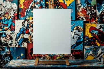 Obraz premium Blank Canvas on an Easel in Front of Abstract Paintings