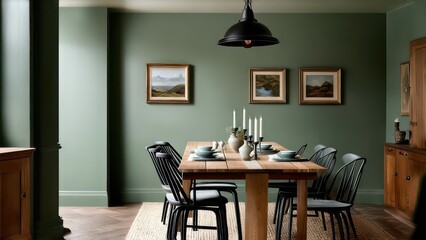 dining room with sage green walls, an antique wooden table and chairs, vintage black pendant lights, framed landscape paintings on the walls, candles in vases on top of the cabinets, a natural-texture
