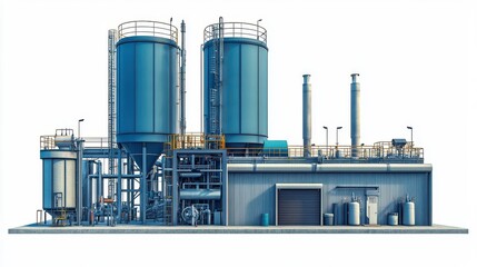 Large water treatment plant with complex pipes and modern infrastructure, processing water for urban systems, isolated on white background