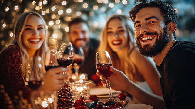 A group of friends laughing and enjoying a festive Christmas dinner party, toasting with wine glasses around a beautifully lit, holiday-themed table, celebrating in a warm, cheerful atmosphere.