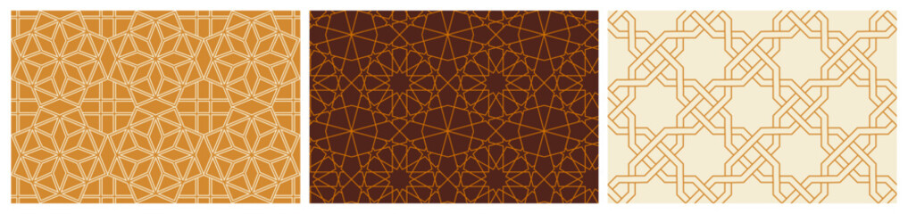 Set of Arabic Seamless Patterns. Traditional Islamic repeating ornaments in oriental style with geometric lines and shapes. Design for fabric print. Flat vector illustration isolated on background