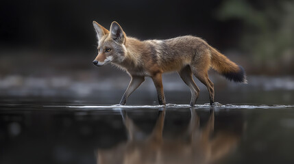 Fototapeta premium A golden jackal walking on water reflection