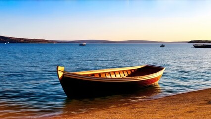 Naklejka premium a boat sitting on top of a body of water, sunny amber morning light, calm morning, shore of the lake.