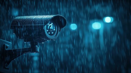 Surveillance camera in outdoor, rainy dark ambient background
