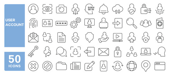 Set of 50 line icons related to user account, avatar, user name, profile, password, connect, add, access, settings, login, Editable stroke. Vector illustration