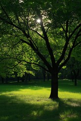 Obraz premium Tree with green leaves in a serene park, sunlight filtering through the branches onto the grass below.