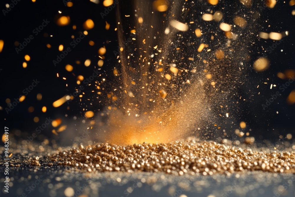 Aufkleber A striking image capturing the dynamic explosion of golden particles, creating a dramatic and visually stunning scene, evoking feelings of wonder, energy, and celebration.
