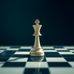 An elegant white king chess piece stands alone on a dark board at night