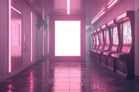 Futuristic Hallway with Pink Neon Lights and Arcade Machines