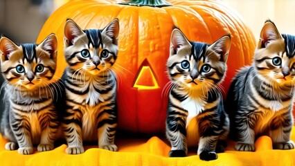 Fototapeta premium group of kittens sitting on a pumpkin, carved jack-o-lantern, for Halloween