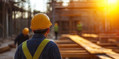 A construction worker, wearing a hard hat and hi-vis jacket, stands on-site as the golden sun sets behind the scaffolding.