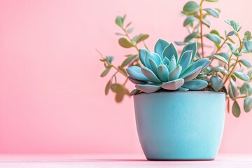 A minimalist composition featuring a succulent plant in a blue pot against a vibrant pink background, emphasizing simplicity and style.