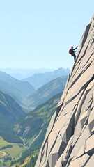 A climber ascends a steep rock face in the mountains during clear weather