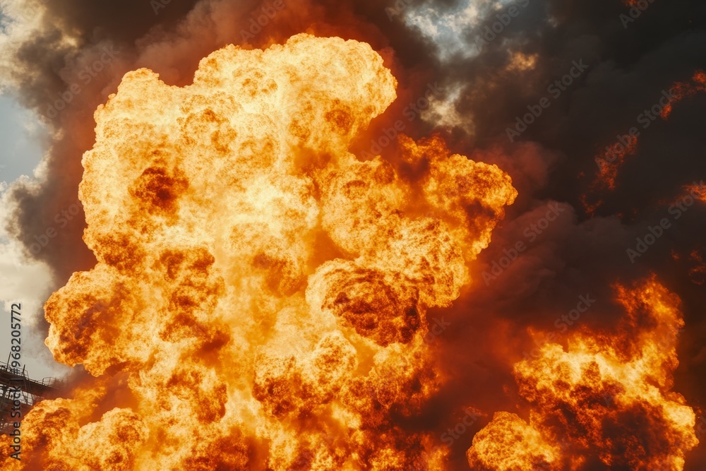 Aufkleber A dramatic scene displaying a large explosion with vibrant orange and yellow flames, creating a powerful and intense visual spectacle reminiscent of action movie scenes.