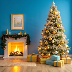 A modern Christmas living room with a beautifully decorated tree presents underneath, and a cozy fireplace in the background.