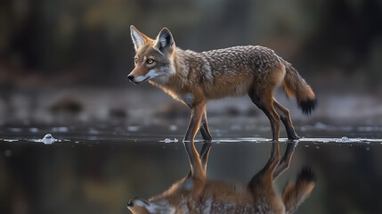 Obraz premium A golden jackal walking on water reflection