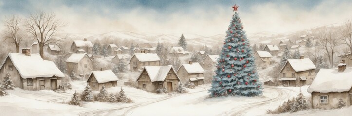 Vintage Christmas Village with Snow and Festive Tree &ndash; Classic Winter Illustration for Seasonal Design and Decor