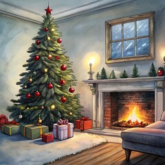 A modern Christmas living room with a beautifully decorated tree presents underneath, and a cozy fireplace in the background.