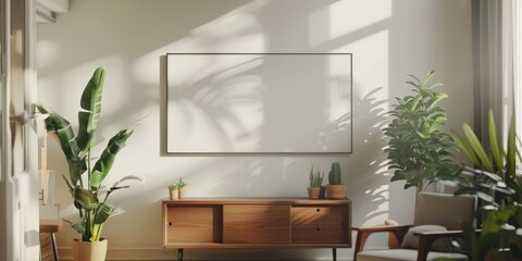 Fototapeta premium Black poster above a cabinet and chair in a simple white teenager s room interior with plants Authentic photograph