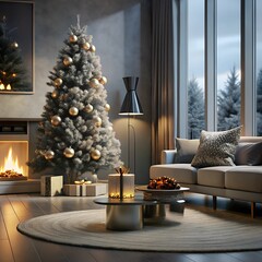 A modern Christmas living room with a beautifully decorated tree presents underneath, and a cozy fireplace in the background.