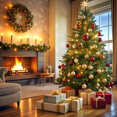 A modern Christmas living room with a beautifully decorated tree presents underneath, and a cozy fireplace in the background.
