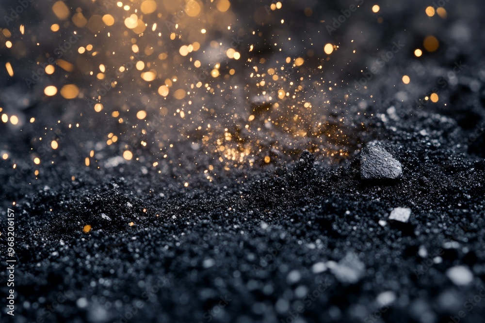 Poster this image captures a captivating burst of golden sparks emerging from dark gravel, highlighting the
