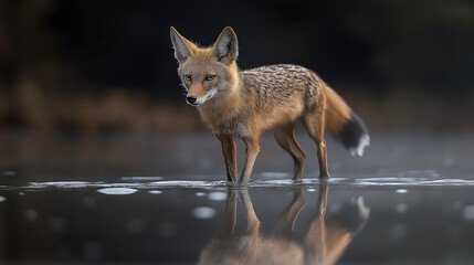Fototapeta premium A golden jackal walking on water reflection