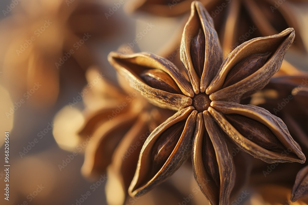 Aufkleber a detailed macro shot capturing the intricate details of a star anise spice, focusing on its unique 