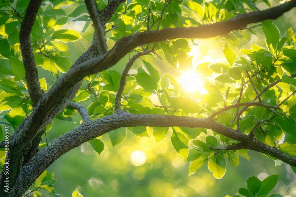Poster this image captures the enchanting scene of sunlight breaking through a verdant tree canopy, creatin
