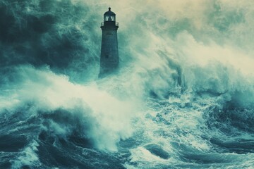A dramatic scene featuring a lighthouse standing firm while gigantic waves clash against it, representing unwavering strength and guidance in stormy conditions.