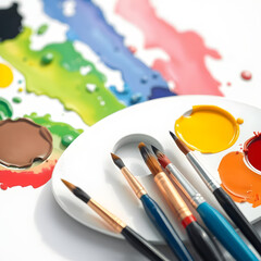 Colorful paint palette and brushes on a workspace with vibrant art supplies