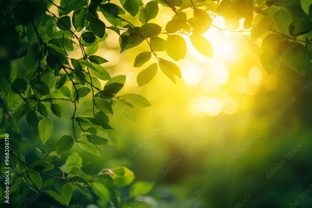 Poster bright sunlight shining through the green foliage of a tree, creating a picturesque and serene scene