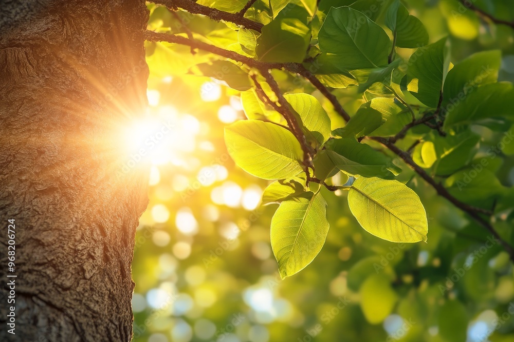 Aufkleber sunlight beams shining on the green leaves and tree trunk. the image reflects the tranquility and be