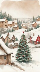 Watercolor Illustration of a Snowy Mountain Village with a Christmas Tree, Ideal for Elegant Holiday Cards, Invitations, and Seasonal Art