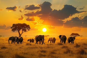 Fototapeta premium The scene is peaceful and serene, with the elephants moving together in a line,