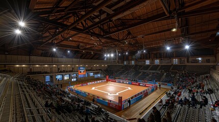 Spectators assembled around a brightly lit, vacant boxing ring in a dimly lit arena setting.