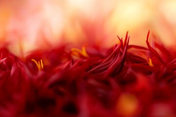 A close-up capturing the vibrant red saffron threads bathed in golden light, emphasizing their fine texture, culinary value, and the artistic play of colors present.