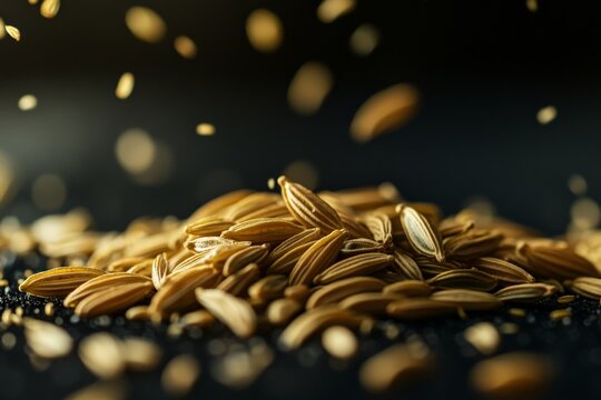 A dynamic image of cumin seeds falling through the air against a dark backdrop, capturing their movement and the play of light, ideal for illustrating spice and culinary themes.