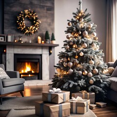 A modern Christmas living room with a beautifully decorated tree presents underneath, and a cozy fireplace in the background.