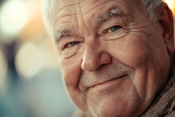 Obraz premium A content older man smiles gently, exuding warmth and wisdom. His white hair and wrinkled skin tell stories of a life well-lived. The background is softly blurred.