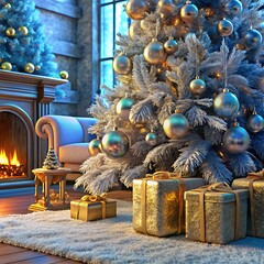 A modern Christmas living room with a beautifully decorated tree presents underneath, and a cozy fireplace in the background.