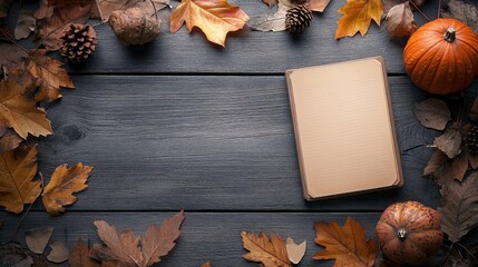 fall marketing campaigns, fall vibes set with autumn leaves and a journal on a rustic desk, creating a cozy background for seasonal promotions