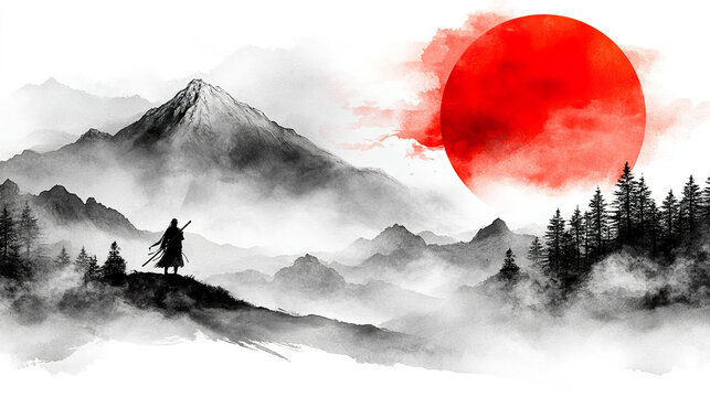 A samurai stands on a mountaintop overlooking a misty valley with a red sun in the background, in a watercolor painting. Generated with AI.